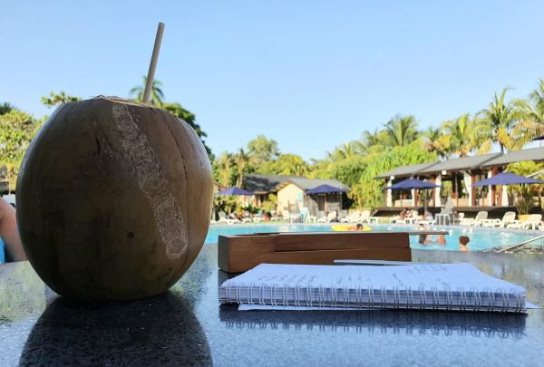 Op de voorgrond een tafelblad met een schrijfblok en een kokosnoot met een rietje erin. Op de achtergrond een zwembad en palmbomen.