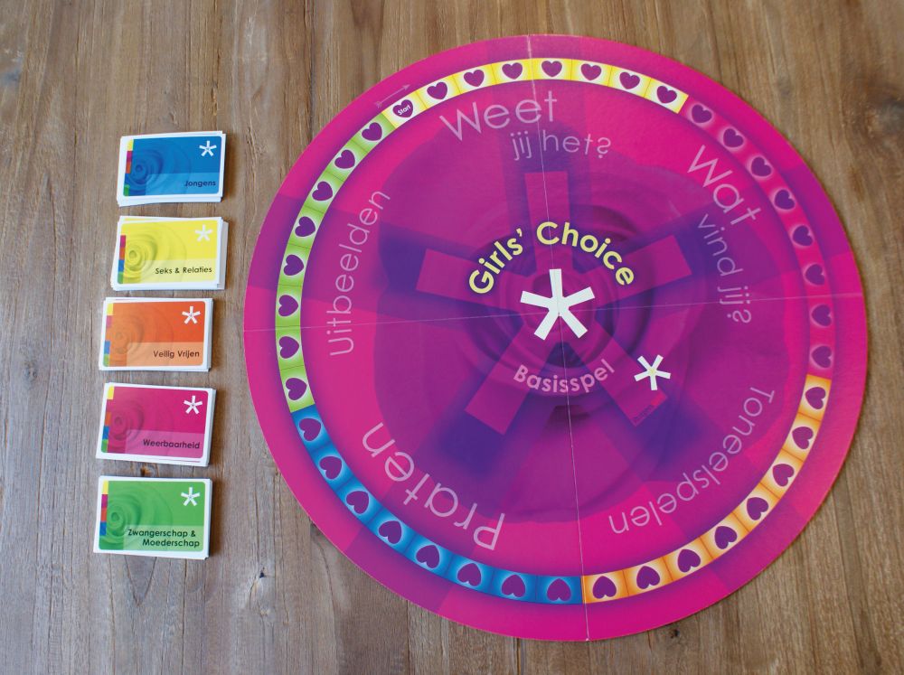 het ronde bordspel met bijbehorende kaartjes op een tafelblad