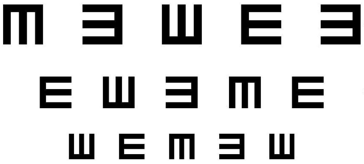voorbeeld van de ogentest, met steeds kleine E-vormen in verschillende richtingen