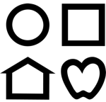 de kleine kaart met de 4 vormen, een rondje, een vierkant, een huisje en een hartje