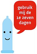 tekening van condoom met tekstballon: "gebruik mij de 1e zeven dagen"