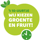 Beeld van de campagne Wij kiezen groente en fruit. Een groene peer en een klok. Met daarop de tekst: 't 10-uurtje, wij kiezen groente en fruit!