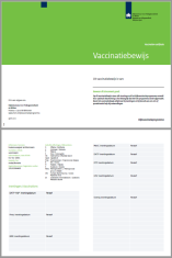 Het vaccinatiebewijs met groene balk op 1e pagina en op 2e pagina het overzicht van alle vaccinaties